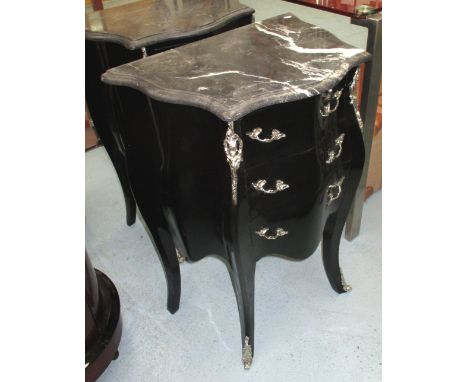 SMALL COMMODE, in black, three drawer with marble top, 73cm H.