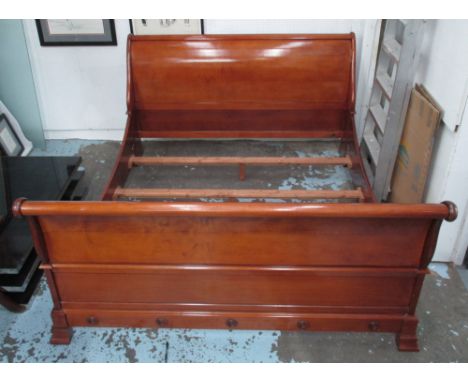 SLEIGH BED FRAME, Super King size with scrolled panelled ends, 195cm W x 112cm H x 245cm L. (with faults)