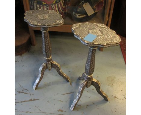 SYRIAN LAMP TABLES, a pair, with mother of pearl decoration on short swept feet, 35cm W x 63cm H x 35cm D. (2)
