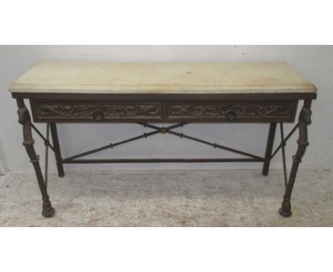 CONSOLE TABLE, the reconstituted stone top on a metal base, with two drawers and horse head detail, 45cm D x 86cm h x 150cm W