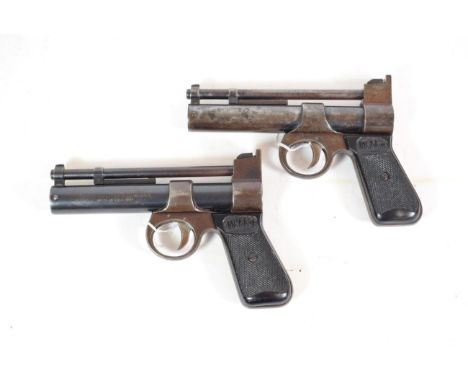 PURCHASER MUST BE 18 YEARS OF AGE OR OVER Two Post-War Webley Junior .177 Calibre Air Pistols, each with blued finish and bla