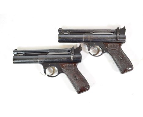 PURCHASER MUST BE 18 YEARS OF AGE OR OVER Two Post-War Webley Senior .177 Calibre Air Pistols, each with blued finish and bro