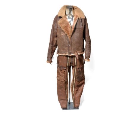 A Second World War RAF Irvin Sheepskin Flying Jacket and Trousers, the jacket of four panel front and back construction, with