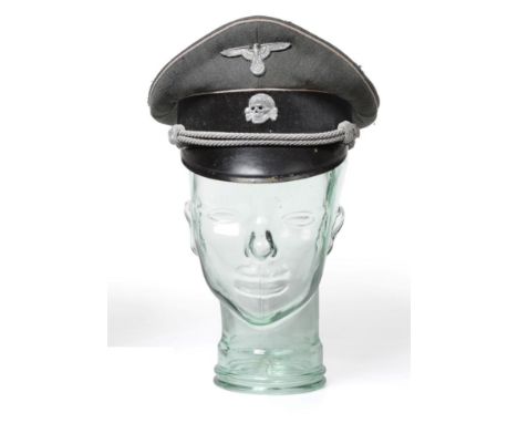A German Third Reich Waffen-SS Infantry Officer's Peaked Cap, in field grey wool, with white waffenfarbe to the crown edged a