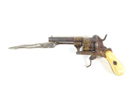 A 19th Century Belgian Six Shot Pinfire Revolver, with traces of original blued finish, the 7cm round barrel set with a 10cm 