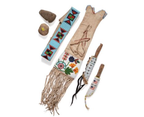 A Collection of Four Pieces of Mid 20th Century North American Indian Beadwork, comprising a buckskin prayer bag, one side wo