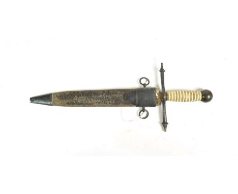 A 19th Century Naval Dirk, with turned horizontal brass crossguard, turned bone grip and brass ball finial, the leather scabb