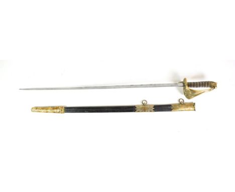 A Victorian 1827 Pattern Naval Officer's Sword, the 76.5cm single edge fullered steel blade faintly etched with a crowned fou