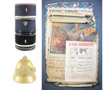 A French Brass Adrian Fire Helmet, with raised comb, the brass helmet plate embossed SAPEURS POMPIERS DE SOUPPES over a crown