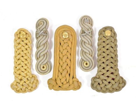Five Victorian/Edwardian Gold Thread Shoulder Cords, four with boards 
