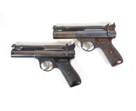 PURCHASER MUST BE 18 YEARS OF AGE OR OVER Two Post-War Webley Senior .22 Calibre Air Pistols, with blued finish, one with bro