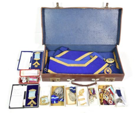 A Collection of Masonic Jewels and Regalia, including three silver gilt Past Master's jewels; silver gilt Grand Lodge Charity