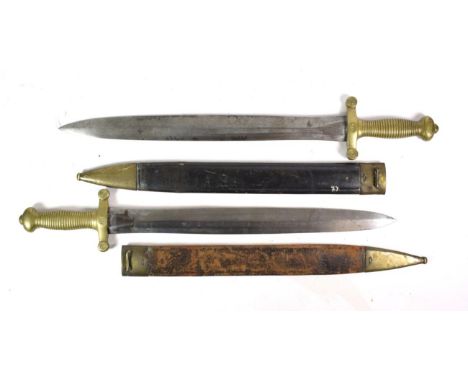 A French Model 1831 Infantry Sword (Gladius), the 48cm double edge steel blade stamped THIEBAUT to the ricasso, the brass cru