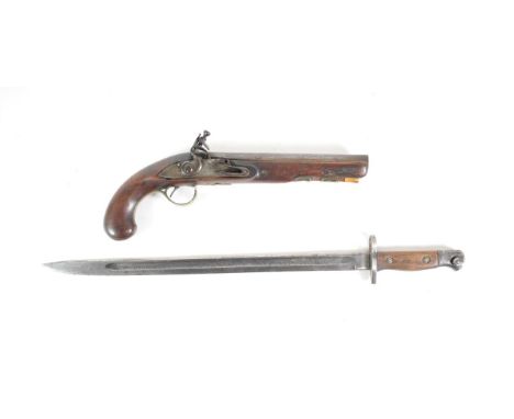 An 18th Century Flintlock Greatcoat Pistol, the 21cm round steel barrel double struck with crossed sceptres for the Tower Ord