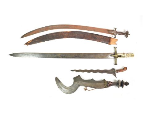 A Ngombe Executioner's Sword, Congo, the 41cm fancy sickle shape steel blade decorated with incised panels, with steel wrappe