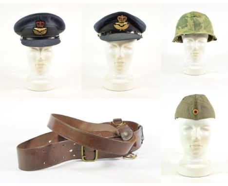 Two Elizabeth II RAF Peaked Caps, with mohair hat bands and raised bullion thread badges; a US Army Combat Helmet, with camou