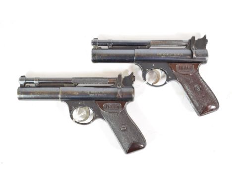 PURCHASER MUST BE 18 YEARS OF AGE OR OVER Two Post-War Webley Senior .177 Calibre Air Pistols, each with blued finish and bro