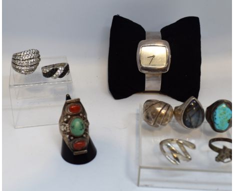 Silver jewelry set: a ring with labradorite, 2 rings with rhinestones, a ring with 3 stones, a ring with horse, a SUJA Swiss 