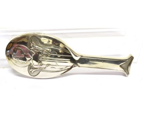 KATE HARRIS FOR WILLIAM HUTTON &amp; SONS:  an Edwardian Art Nouveau silver hand mirror, decorated in low relief with a femal