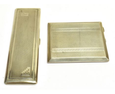 TWO EARLY 20TH CENTURY ENGINE TURNED RECTANGULAR CIGARETTE/CHEROOT CASES one with engine turned panels and two 'Greek Key' ba