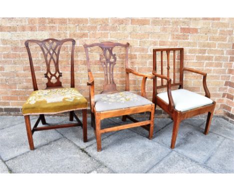 A FRUITWOOD CARVER CHAIR  with pierced splat back and needlework upholstered drop-in seat, another carver chair, a dining cha