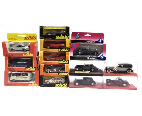 THIRTEEN SOLIDO DIECAST MODEL VEHICLES  most 1/43 scale, each mint or near mint (unchecked for self-fit parts and decorations