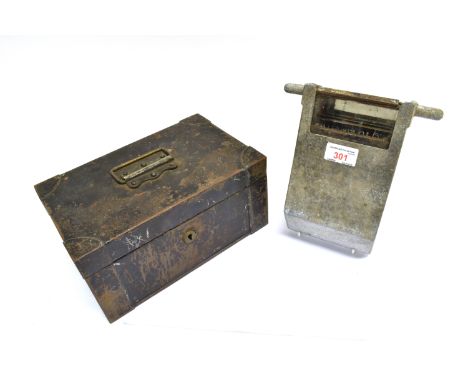 MILITARIA - AN ARMOURED VEHICLE PERISCOPE  marked 'O.W.L. / TD 18991 / 1/5', 21cm high; together with a metal cash box, with 