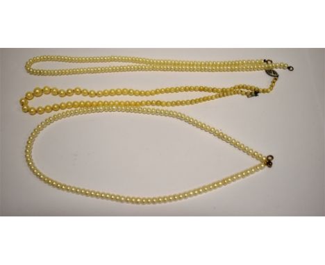 A CULTURED-PEARL SINGLE ROW NECKLACE AND TWO CULTURED-FRESHWATER PEARL NECKLACES  the 95 light-cream cultured-pearls graduate