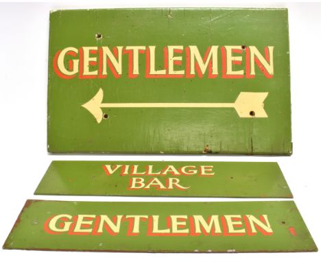 THREE HAND-PAINTED PUBLIC HOUSE SIGNS  comprising a wood 'GENTLEMEN', with directional arrow, 28cm x 45.5cm; metal 'GENTLEMEN