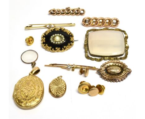 A COLLECTION OF VICTORIAN AND LATER JEWELLERY INCLUDING A LOCKET AND A MOURNING BROOCH centred with a half-pearl cluster with