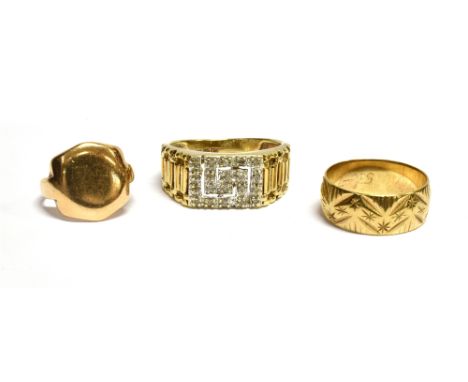 THREE GOLD RINGS comprising; a 9ct gold and tiny diamond rectangular cluster ring, the head designed as a stylised Greek-key 