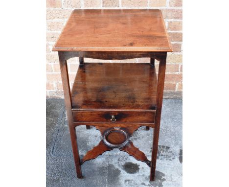 A GEORGE III MAHOGANY BEDSIDE TABLE with marquetry inlaid decoration and shaped pot shelf undertier; together with another si