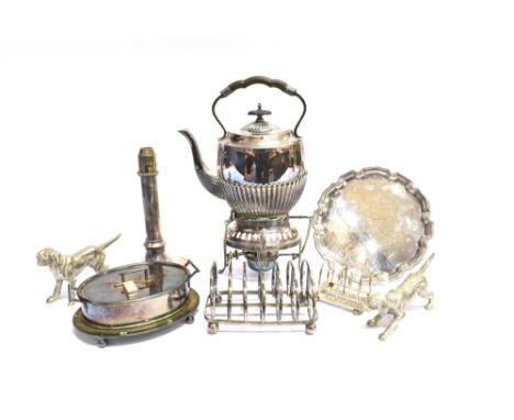 A LARGE QUANTITY OF HOLLLOW WARES AND FLATWARE Including an oval part fluted tea kettle on a stand with a lamp; a pair of mod