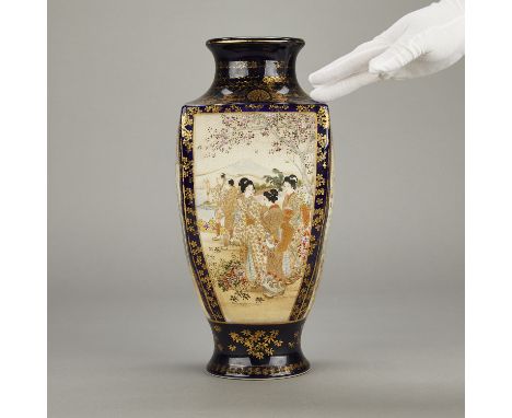 Japanese Meiji period Satsuma ceramic vase. Signed Kusube. Square form, each side with a cartouche: two sides with figures in