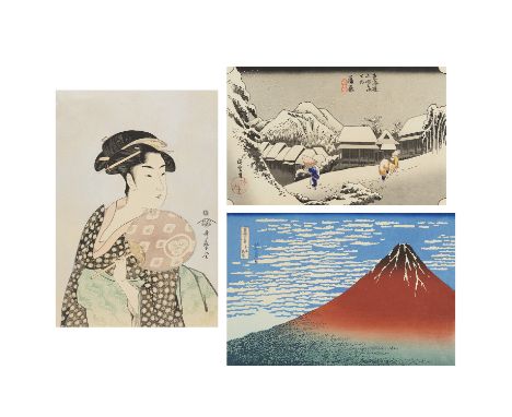 Group of three Japanese woodblock prints including:Katsushika Hokusai (Japanese, 1760-1849). Ukiyo-e woodblock print titled "