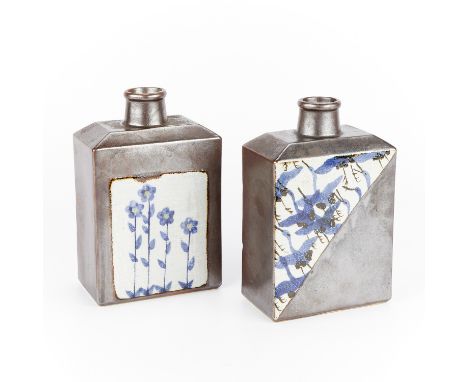 Pair of Mid-Century Modern ceramic folkware vases or bottles from Mashiko, Japan. These press mold bottles are glazed with an