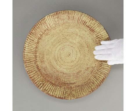 Laura Anderson (American, 1902-1999). Large studio ceramic charger or plate, 1946. Stoneware with a white slip and with a tit