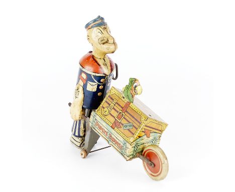 Marx &amp; Co. tin lithographed wind-up toy depicting Popeye the Sailor Man with a wheelbarrow containing a parrot. The wheel