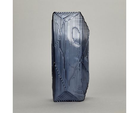 Santtu Mustonen for Iittala, Finland. Glass "Kartta" sculpture in the color "rain" (dark blue) inspired by an imagery map. Et