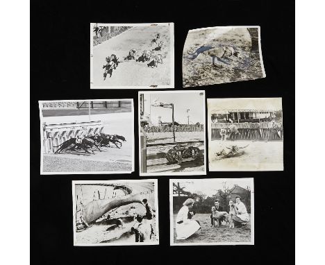 Group of seven gelatin silver prints and original vintage photographic reproductions related to dog racing from the archives 