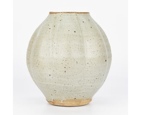 Warren MacKenzie (American, 1924-2018). Large studio pottery ceramic lobed vase. Glazed stoneware. Lacking a lid. Stamped alo