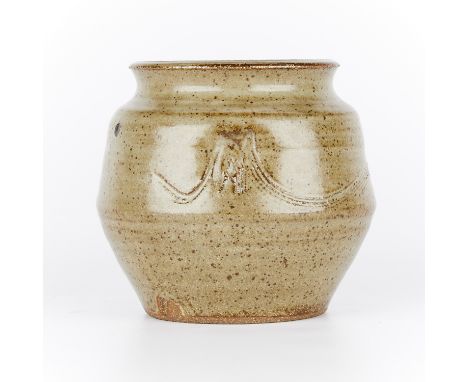 Peter Leach (British/American, ca. 1934-2021). Studio ceramic pottery vessel. Glazed stoneware with decorative swipes along t