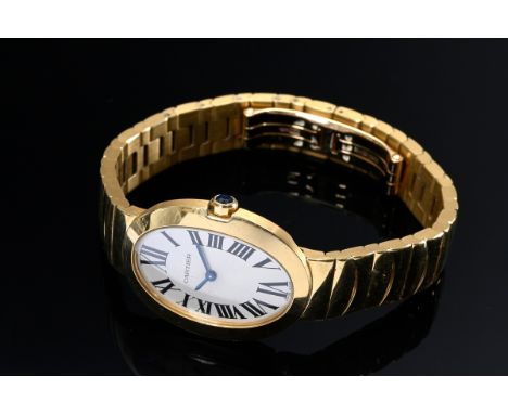Cartier "Baignoire" Gelbgold 750 Damenarmbanduhr, Quartzwerk, versilbertes Zifferblatt mit gebläuten Stahl-Schwertzeigern, rö