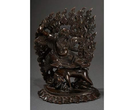 Mehrteilige Rotguss Figur "Gelehrter Geisterbezwinger Padmasambhava“ als Trost-Guru in Form eines Dharmapāla, mit drei Augen,