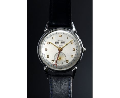 Rotary Herrenarmbanduhr in verchromtem Stahl Gehäuse, Automatic, Wochentag- und Monatsangabe, Zeigerdatum, über roten Zeiger 