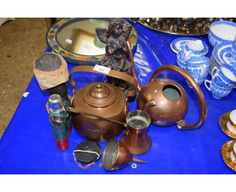 Mixed Lot: Copper kettle, copper watering can, various ornaments, hip flask etc