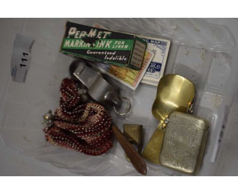 Box of various mixed items to include vester case, brass caddy spoon and other assorted items