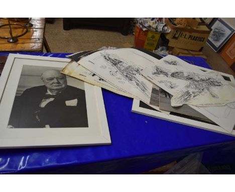 Mixed Lot: Black and white photographic prints of planes at RAF Coltishall, copied aircraft plans to include Spitfire, a phot