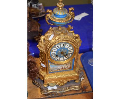 French porcelain faced and gilt metal cased mantel clock, for restoration