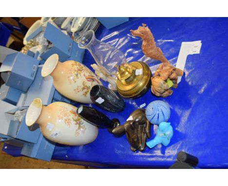 Mixed Lot: A pair of Crown Ducal vases, brass based oil lamp, various ornaments etc